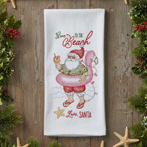 Holiday Beach Santa Embroidered Flour Sack Towel-Lange General Store