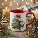 Square Christmas lifestyle image of the Holiday Cardinal Love Mug on rustic wood with pine branches, candles, berries, and warm lights