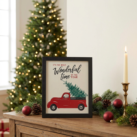 It's The Most Wonderful Time Truck Framed Sign on a Christmas console table