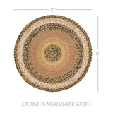 Kettlehurst Braided Trivet 15" Set of 3  Round jute trivet with dimensions on a white background