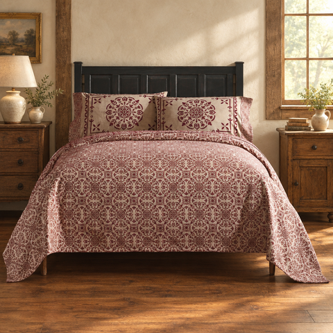 Medallion Burgundy Tan Jacquard Coverlet lifestyle image