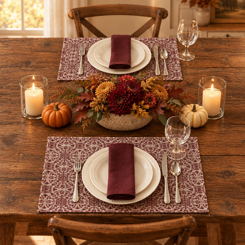 Medallion Burgundy Tan placemats in an inviting fall setting