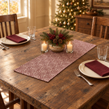 Medallion Burgundy Tan Jacquard Table Runner 12x36 Christmas setting