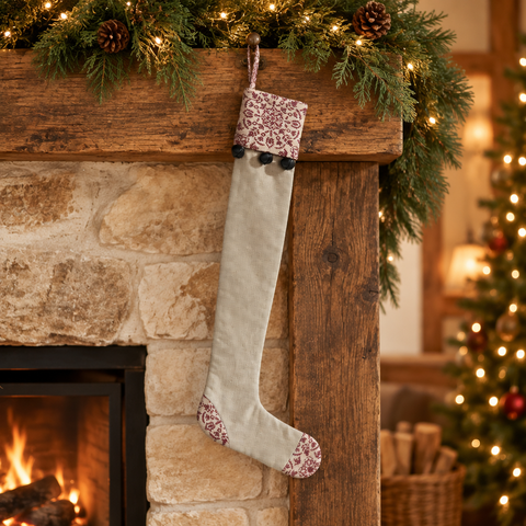 Medallion Burgundy Tan Primitive Stocking in a Christmas setting