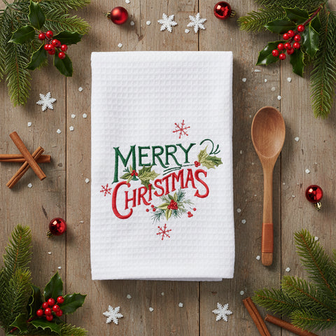 Merry Christmas Embroidered Waffle Towel