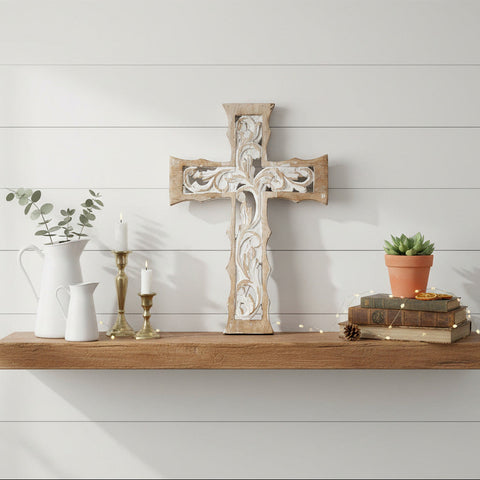 Natural & Distressed White Wooden Cross Wall Hanging-Lange General Store