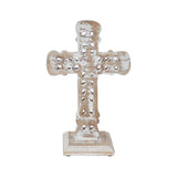 Natural & Distressed White Wooden Cross w/ Rosette Center & Base-Lange General Store