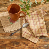 Simmons plaid dishcloth set of 3 in tan, cream, light brown, and barn red waffle weave cotton with mug and spoon on wood table