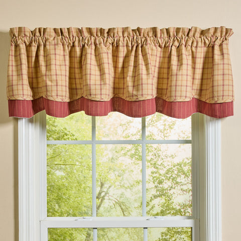 Simmons plaid layered farmhouse valance showing plaid over ticking stripe construction on window
