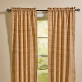 Simmons plaid long panel curtains 84 inches long on a farmhouse window
