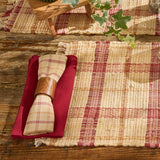 Simmons plaid cloth napkins styled with a napkin ring on a farmhouse dining table place setting
