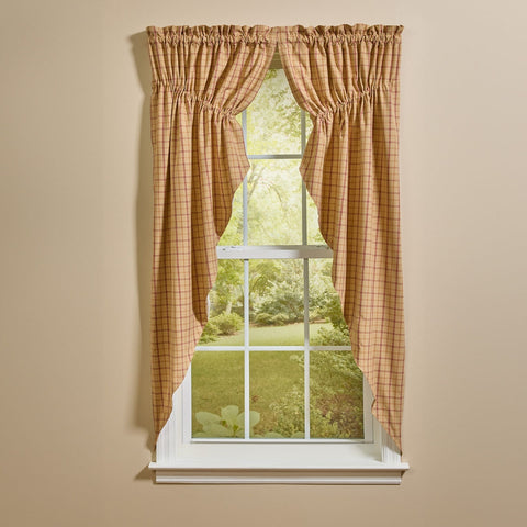 Simmons plaid prairie curtains set of 2 in tan, light brown, and barn red with scalloped hem hanging on farmhouse window
