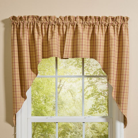 Simmons plaid farmhouse swags styled with cafe tier curtains on a farmhouse window
