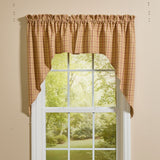 Simmons plaid farmhouse swags in tan, cream, light brown, and barn red draped on a kitchen window
