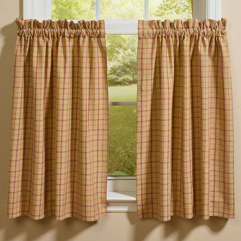 Simmons plaid farmhouse cafe tier curtains set of 2 in tan, cream, light brown, and barn red on kitchen window
