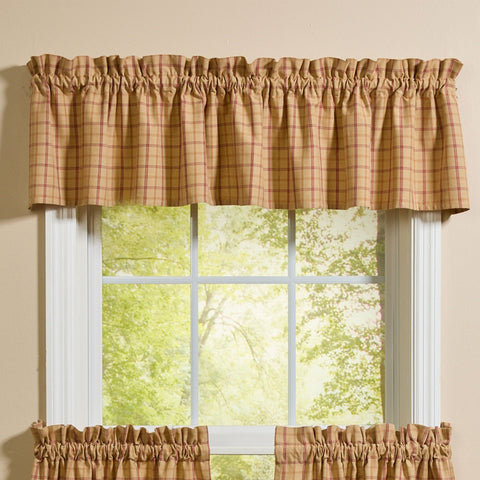 Simmons plaid farmhouse valance in tan, cream, light brown, and barn red hanging on kitchen window
