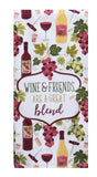 Wine & Dine Friends Blend Terry Towel featuring a wine-themed pattern with illustrated bottles, grapes, leaves, and a central label that reads 'WINE & FRIENDS ARE A GREAT blend'.