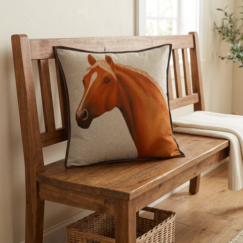 Rockford Horse Pillow on a rustic wood bench