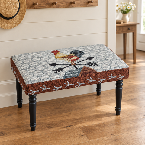 Rooster Day Bench in a farmhouse entryway