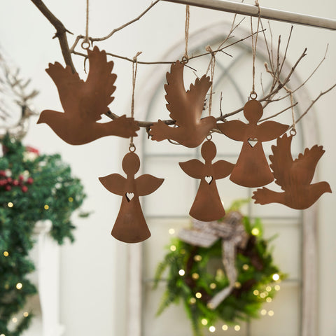 Rust Angel and Dove Metal Ornaments Set of 6-Lange General Store