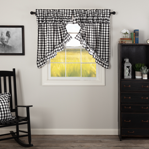 Annie Black Buffalo Check Ruffled Prairie Swag Curtains-Lange General Store