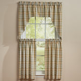 Sage & Mustard Plaid Cafe Tier Curtains 36" and Swags with a window in the background