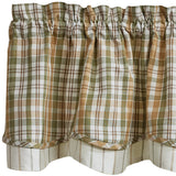 Sage & Mustard Plaid Layered Valance in a sage green, light mustard, putty brown, and white plaid pattern, closeup shown on a white background
