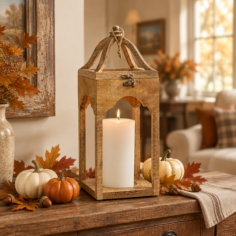 Scalloped Wood Lantern in a square fall lifestyle setting