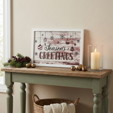 Season’s Greetings sign on a farmhouse console table