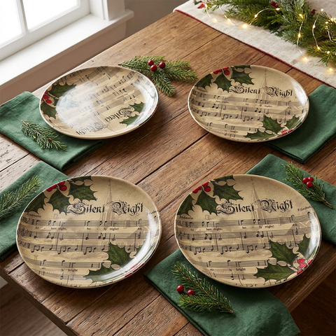 Christmas Carol salad plates in a square Christmas table setting