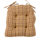 Simmons Plaid Chair Cushion Pad flat lay showing tan and barn red plaid cotton shell and fabric ties