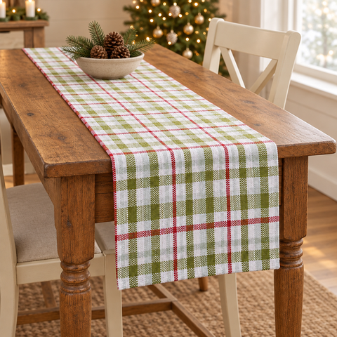 Snowman Plaid Table Runner in a Christmas farmhouse dining room