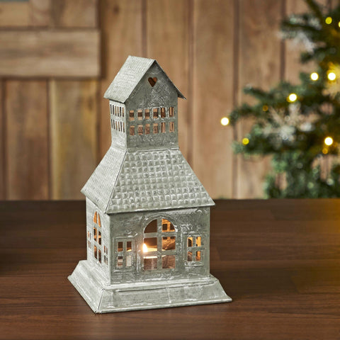 Tealight Holder Metal Village House A Antique Grey-Lange General Store