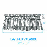 Dimension diagram for Tinderbox Brown Plaid Layered Valance showing 72" width, 16" length, 1.5" ruffle header and 2" rod pocket with scalloped layered hem detail