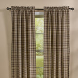 Close-up top view of Tinderbox Brown Plaid Long Panel Curtains on a decorative rod, showing rod pocket header and plaid fabric detail