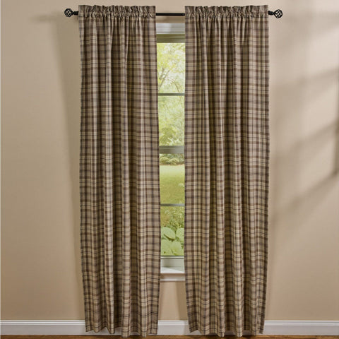 Tinderbox Brown Plaid Long Panel Curtains hanging on a rod in a farmhouse living room, set of 2 panels in brown, oatmeal and espresso plaid, 84 inches long