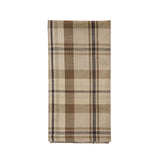 Tinderbox Brown Plaid Cloth Napkin folded flat on white background showing full 18"×18" cotton dinner napkin in tinderbox brown, oatmeal and espresso plaid — sold as a set of 4