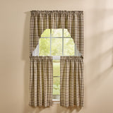 Tinderbox Brown Plaid Swags styled with matching café tier curtains on a window, showing a complete layered farmhouse window treatment in brown and oatmeal plaid
