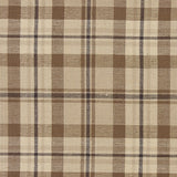 Close-up of Tinderbox Brown Plaid Table Runner fabric showing woven 100% cotton texture in tinderbox brown, oatmeal and espresso plaid weave detail