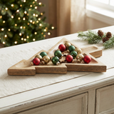 Tree-Shaped Natural Wooden Tray with miniature Christmas ornaments