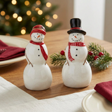 Vintage Snowman Salt & Pepper Shaker Set on a Christmas dining table