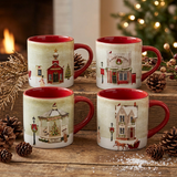 Square Christmas lifestyle image of the Vintage Village Mug Set of 4 on rustic wood with pinecones and warm fireplace light