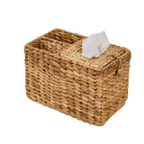 Cinthia water hyacinth desk organizer with three rectangular compartments in natural tan woven weave

