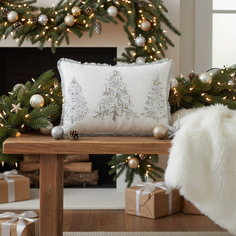 White Christmas Silver Gold Embroidered Pillow-Lange General Store