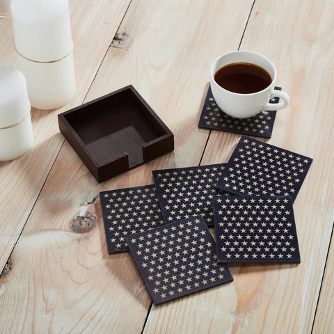 White Stars On Navy Coaster w/Container Set of 6-Lange General Store