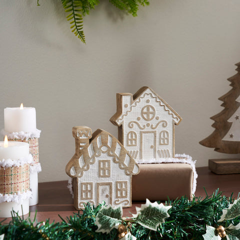 White Washed Candy Cane Lane Natural Wooden Houses Set of 2-Lange General Store