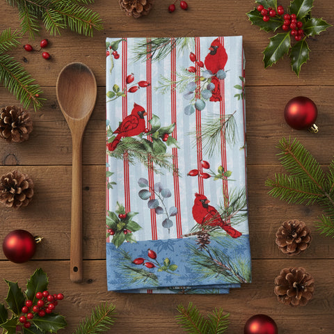 Winter Blue Cardinal Greenery Terry Towel