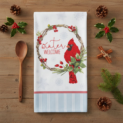 Winter Blue Cardinal Wreath Terry Towel