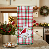 Winterberry Cardinal Patch Tea Towel in a square Christmas kitchen setting