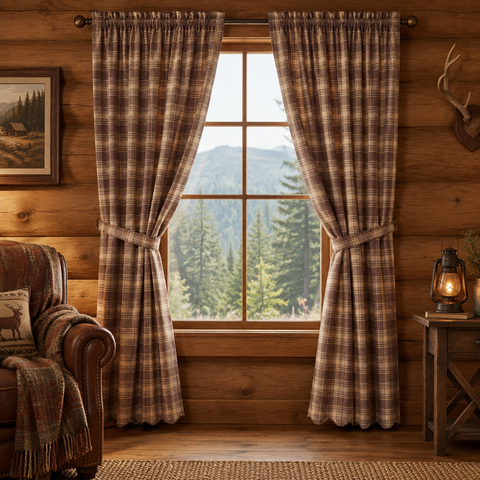 Woodland Brown Panel Curtains in a rustic log cabin living room